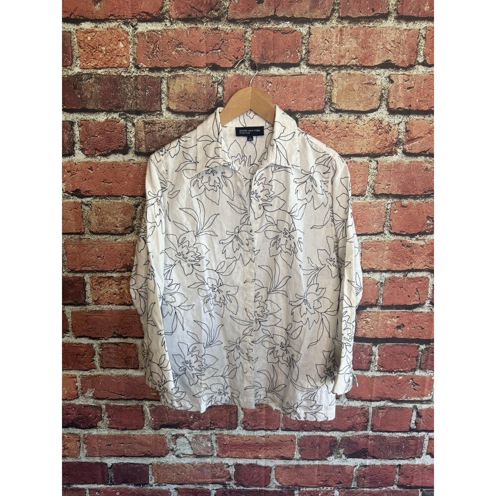 Jones New York Womens White Long Sleeve Linen Floral Button Up Medium